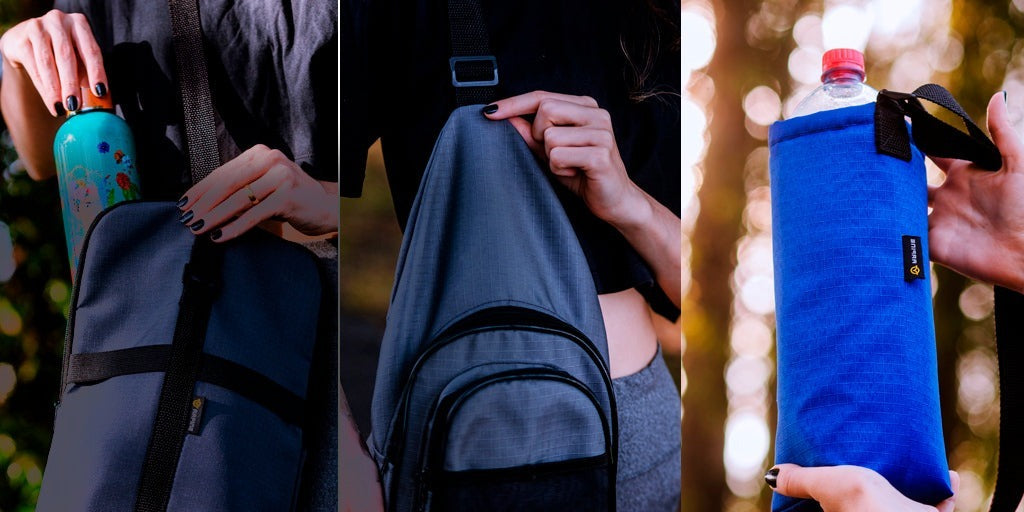 Acessórios Arpine em uso: bolsa, mochila e porta-garrafa térmico