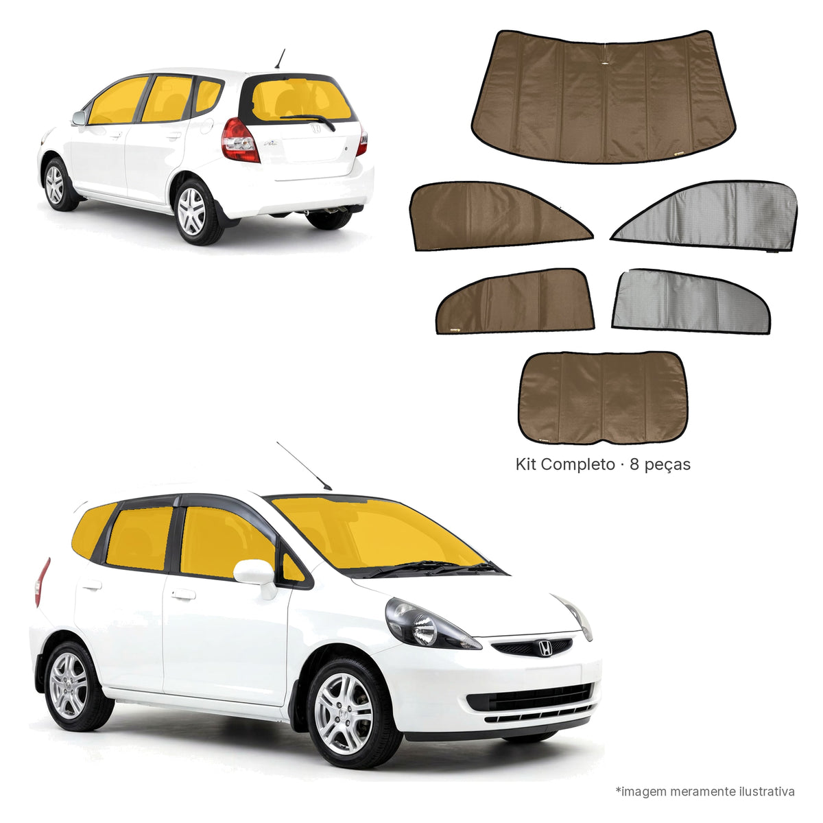 Blackout Térmico Honda Fit 2004-2008 - Kit Completo: Prata Naval por fora, Bege por dentro