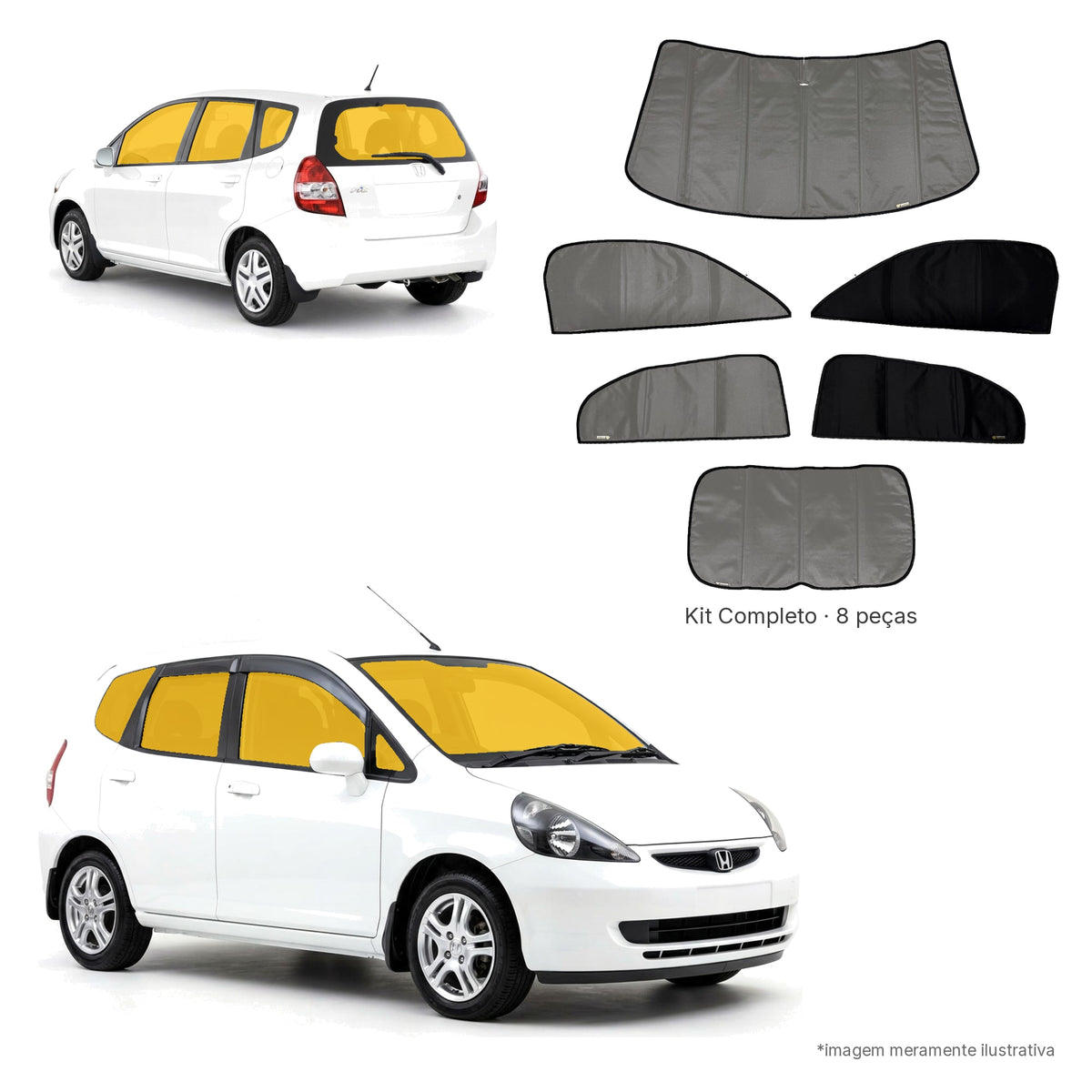 Blackout Térmico Honda Fit 2004-2008 - Kit Completo: Preto por fora, Cinza Gelo por dentro