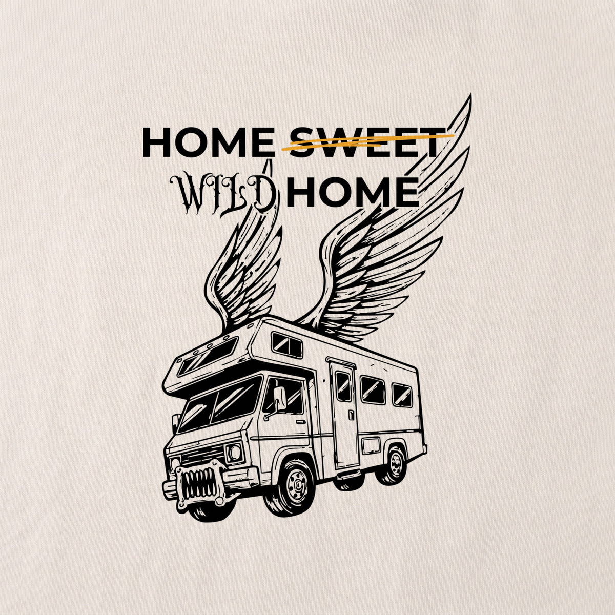 Detalhe da estampa Home Wild Home, com o motorhome alado