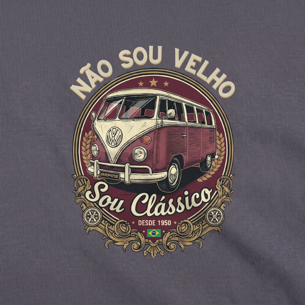 Detalhe da estampa Não Sou Velho, Sou Clássico com a Kombi