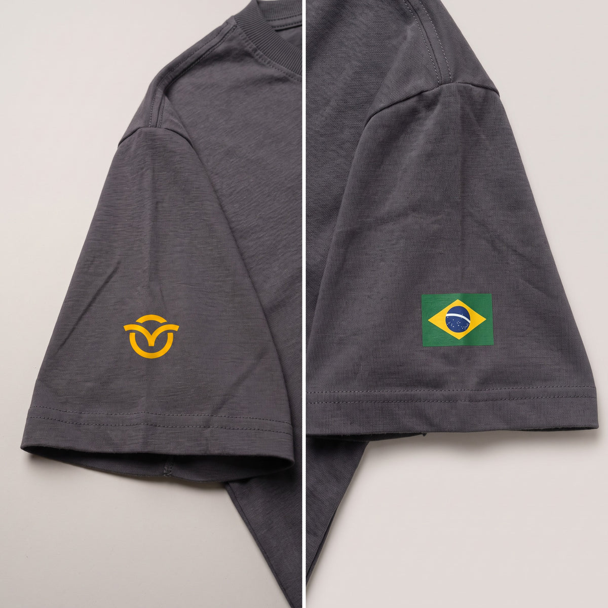 Mangas da Camiseta Não Sou Velho, Sou Clássico: símbolo Arpine e bandeira do Brasil