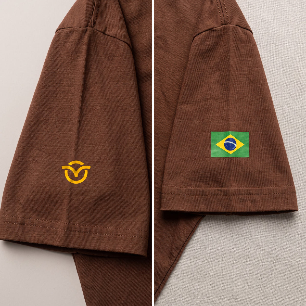 Mangas da Camiseta Nômade: símbolo Arpine e bandeira do Brasil